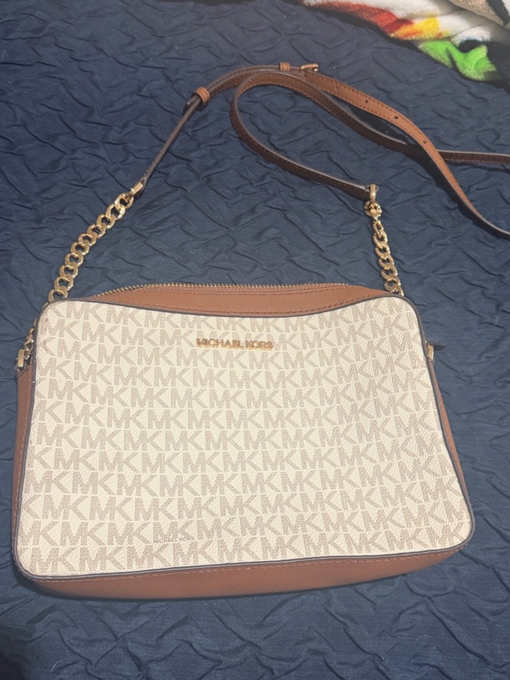 Michael Kors Cream and Brown Logo Crossbody with Gold Chain
